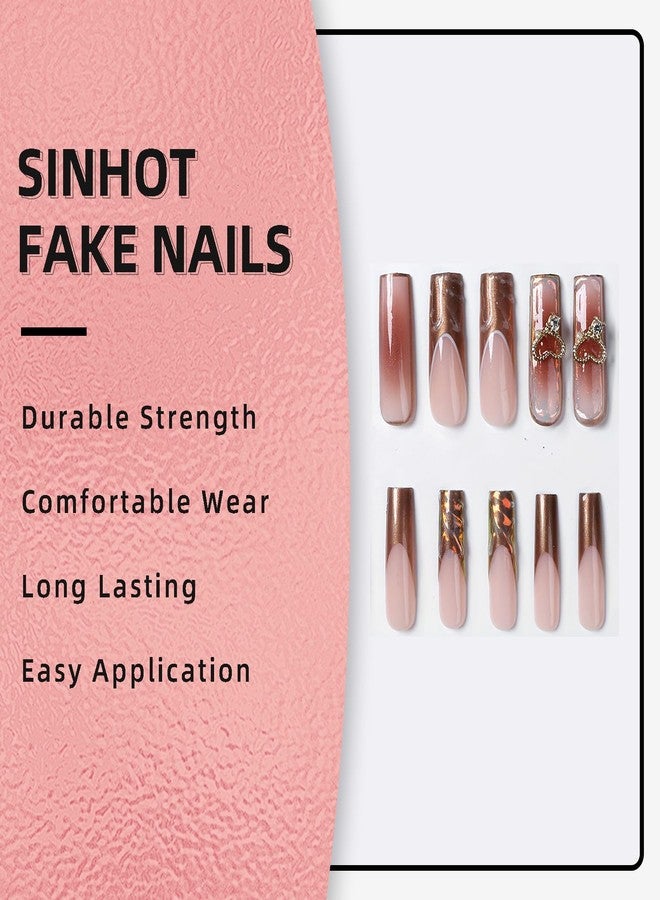 SINHOT Press on Nails - Long Square Fake Nails, Glossy Finish, 3D Flowers & Chrome Heart, DIY Artificial False Nail Art - 24 Pcs Nail Kit with Glue - Image 5